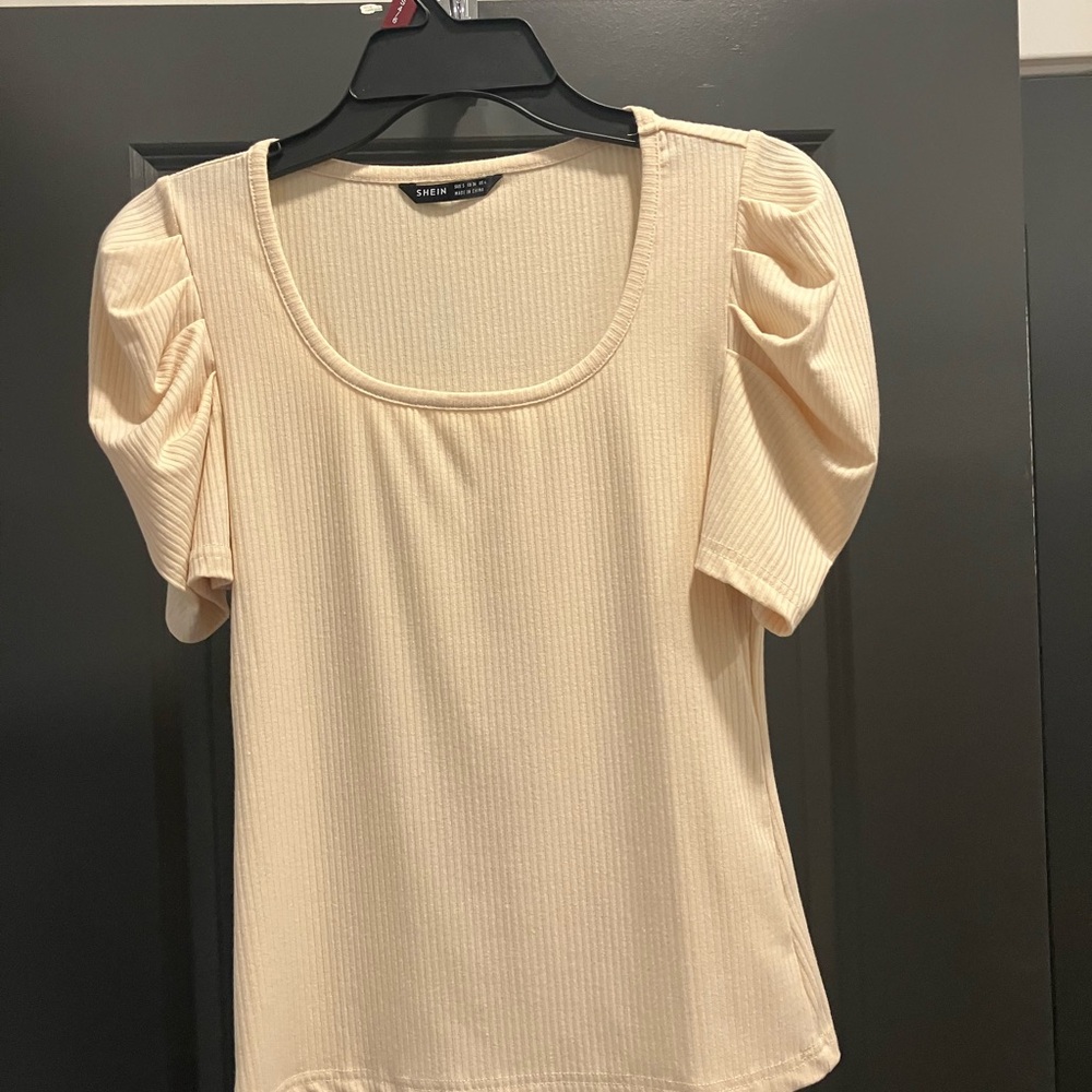 SHEIN Cream Ribbed Puff Sleeve Scoop Neck Top